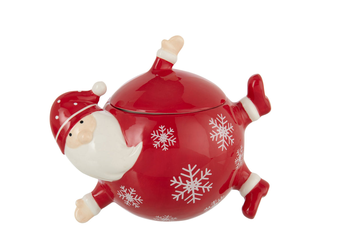 J-Line kerstman voorraadpot van keramiek rood wit met sneeuwvlokken 21,5 x 15 x 17,5 cm