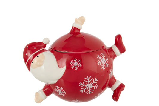 J-Line kerstman voorraadpot van keramiek rood wit met sneeuwvlokken 21,5 x 15 x 17,5 cm