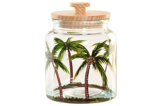 Glazen voorraadpot van 2,6 liter met handgeschilderde palmbomen en houten deksel in tropische Palm Beach stijl