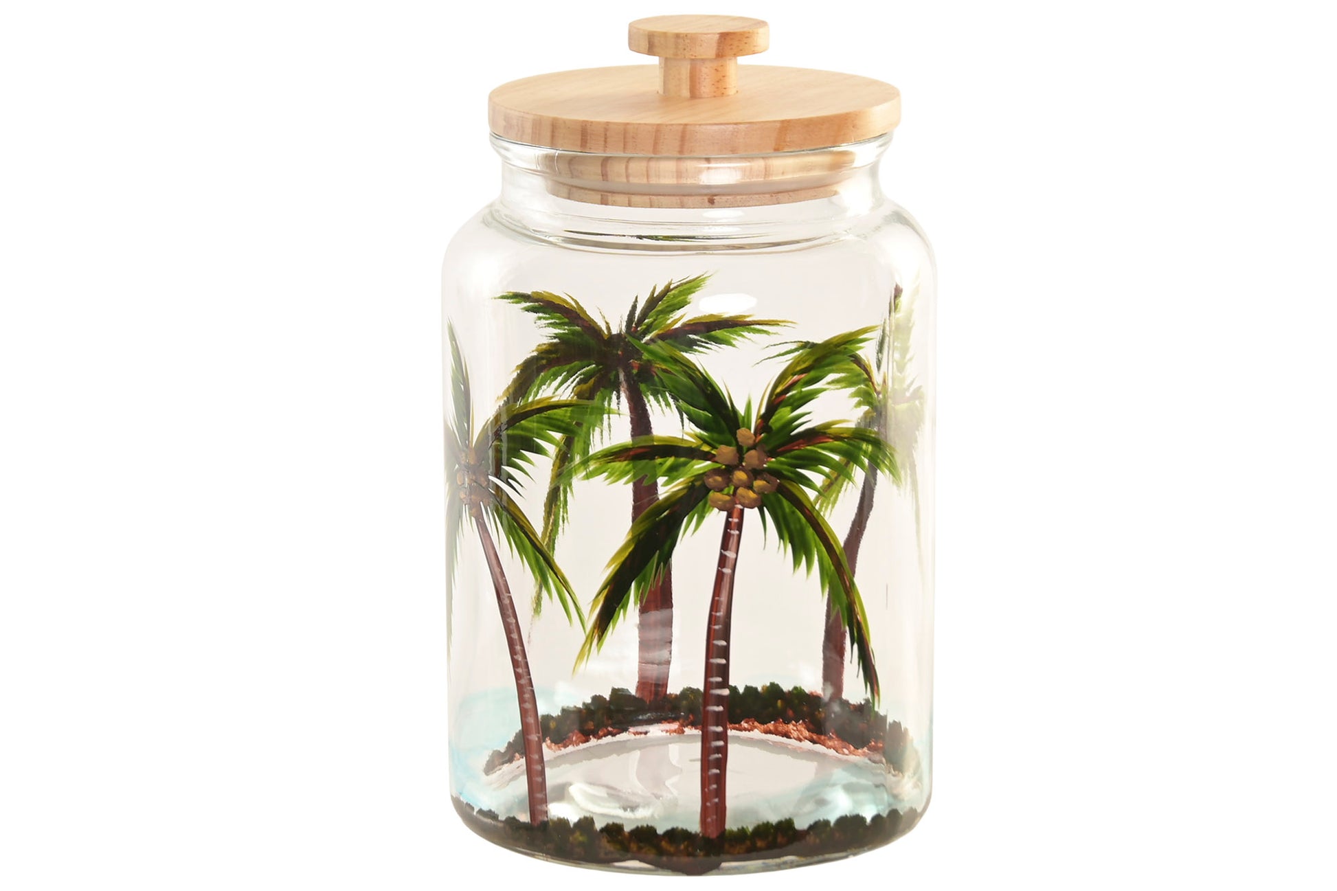 Glazen voorraadpot van 3,5 liter met handgeschilderde palmbomen en houten deksel in tropische Palm Beach stijl.