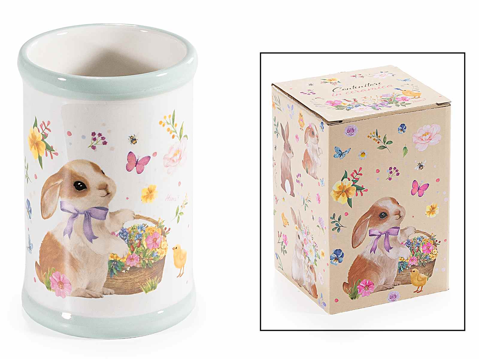 keramiek konijnen opbergpot met bloemen paasdecoratie pot konijn