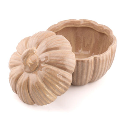 Keramieken pompoen met deksel beige 15 cm herfstdecoratie
