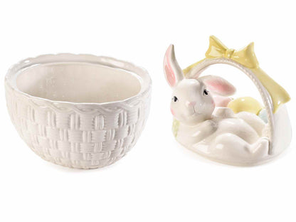 Keramik Hase Osternest mit Deckel – Hasenkörbchen mit Schleife