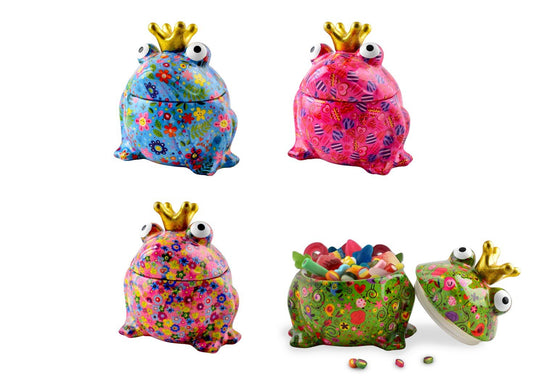 Grote Pomme Pidou voorraadpot kikker Freddy in Birds In Love Funkygreen, Happy Flowers Skyblue, Magicalpink Hearts In Love en Funky Flowers Flamingopink – keramiek – Krokomingo