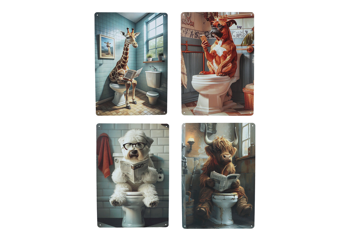 Metalen wandbord met grappig dier op toilet 20 x 30 cm in 4 varianten