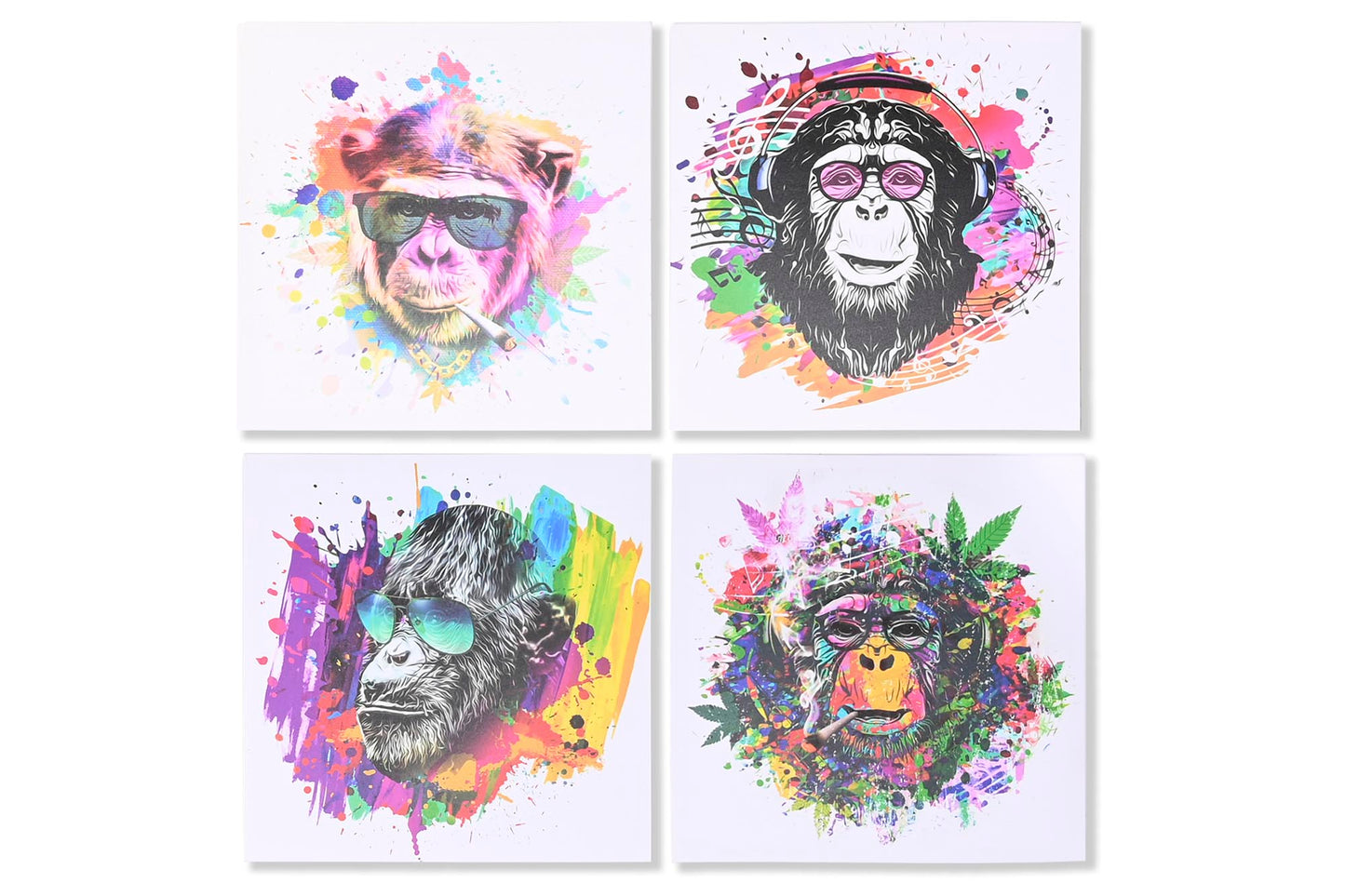 Set van 4 kleurrijke canvas schilderijen met apen in pop art stijl – 50x50 cm – urban jungle wanddecoratie