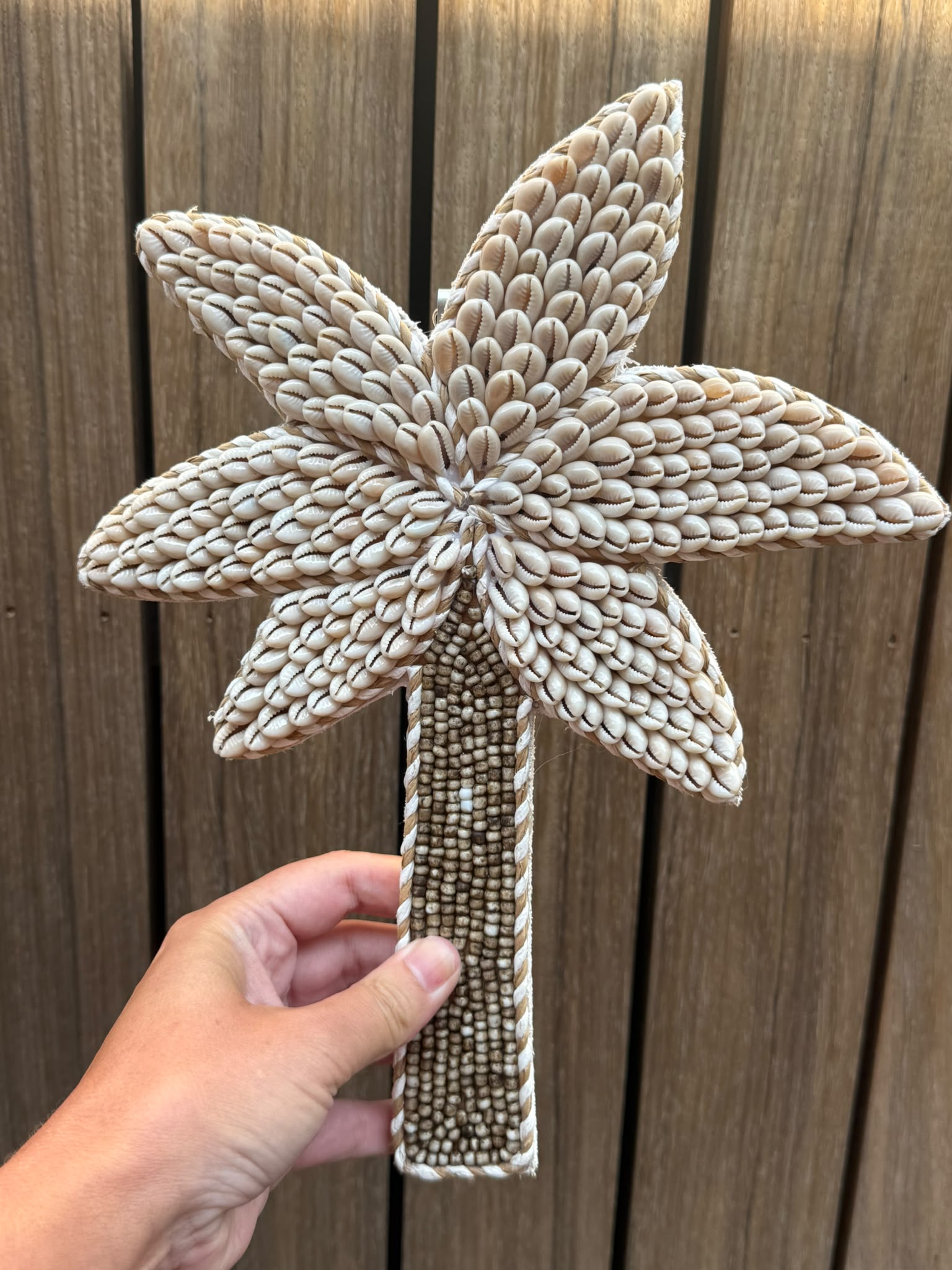 Kauri schelpen palmboom wanddecoratie handgemaakt op Bali in crème en naturel 30 x 24 cm