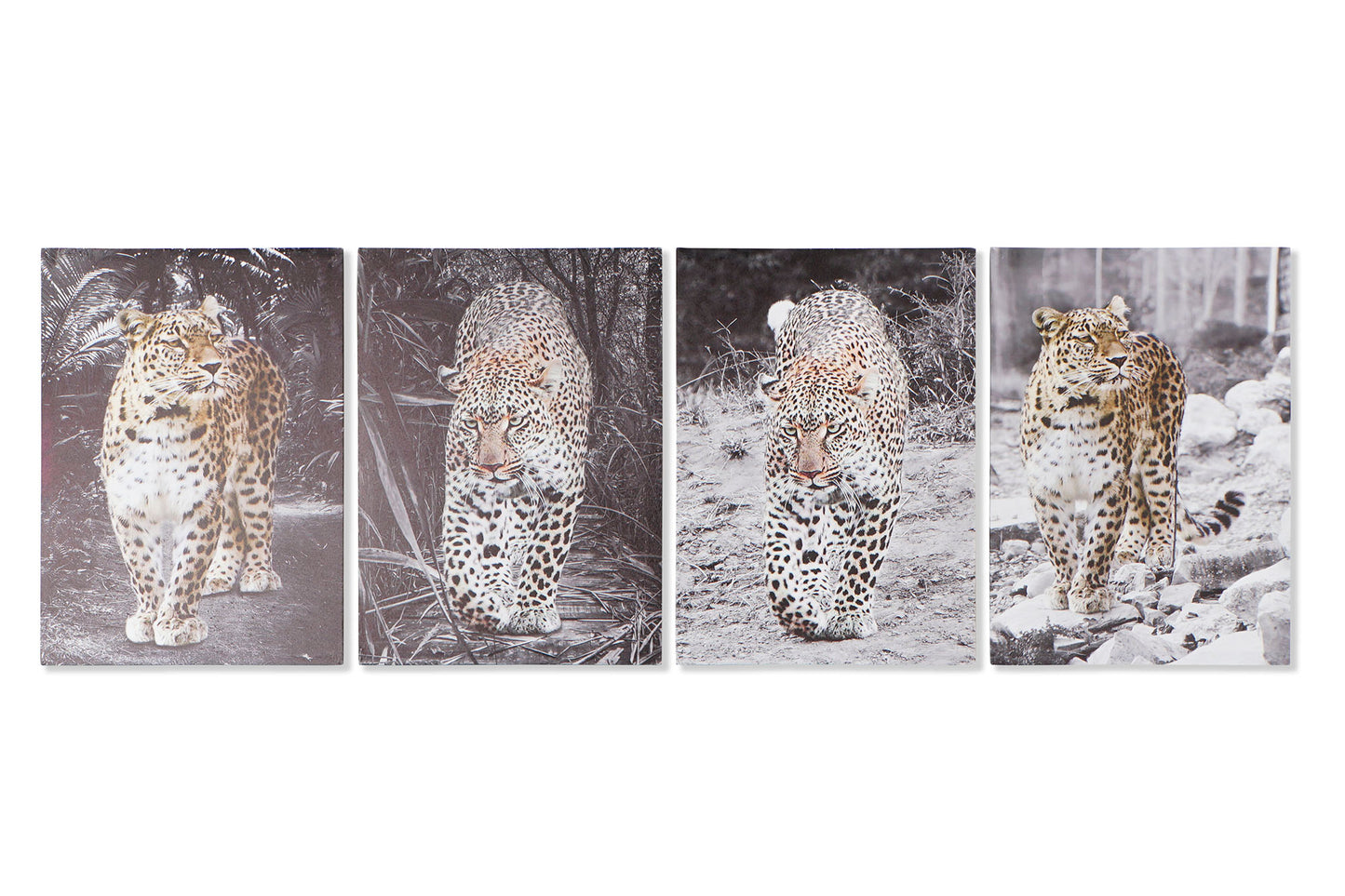 Set van vier canvas wanddecoraties met luipaarden – luxe serie op MDF, 70x50 cm per stuk