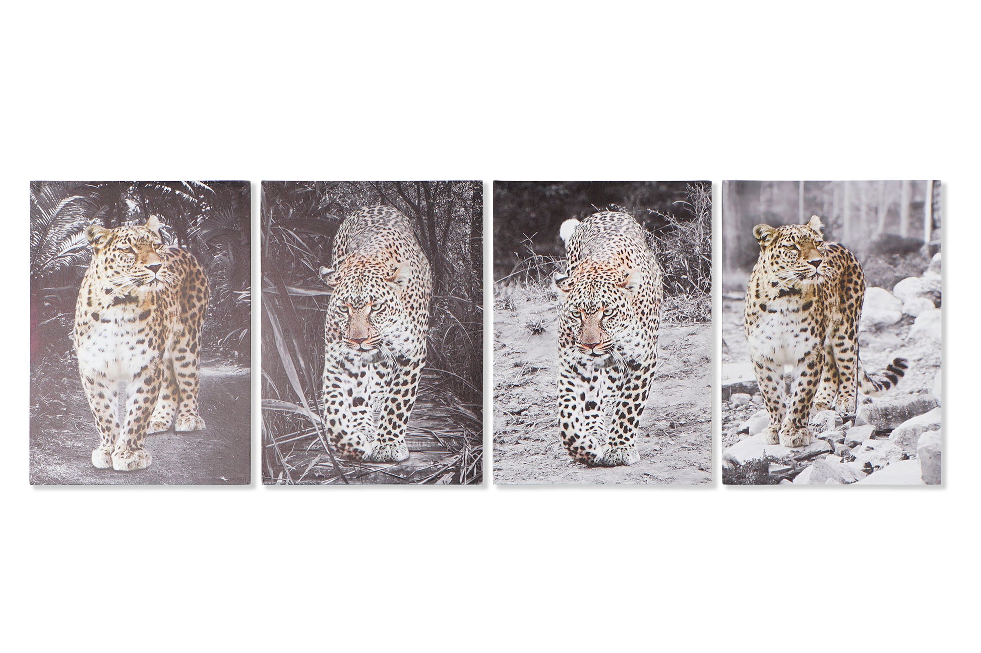 Set van vier canvas wanddecoraties met luipaarden – luxe serie op MDF, 70x50 cm per stuk