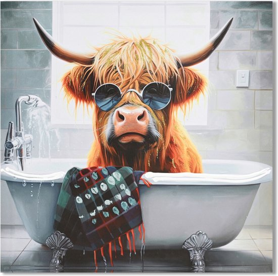 Wanddecoratie hooglander in bad zonnebril humoristisch kunstwerk