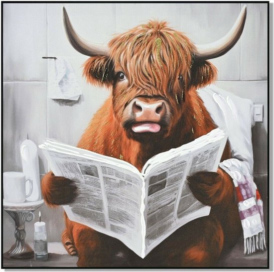 Wanddecoratie hooglander koe leest krant humoristisch kunstwerk