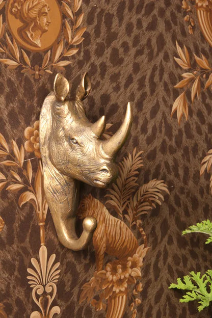 Gouden wandhaak in de vorm van een neushoorn van Dutch Style, 18,5 cm hoog – stoere dieren decoratie voor aan de muur