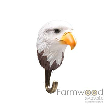 Farmwood Animals Hook'd! kapstokhaak adelaar met witte verenkop, donkerbruine hals, geel-oranje snavel en donkere gebogen haak, 7 x 5,5 x 11,5 cm