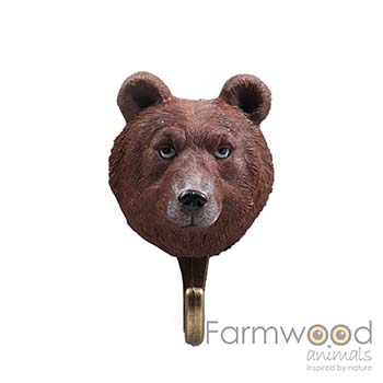 Farmwood Animals Hook'd! kapstokhaak beer met bruine berenkop, ronde oren, gedetailleerde vacht en donkerkleurige gebogen wandhaak, 5,5 x 7 x 11,5 cm