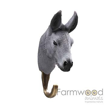 Farmwood Animals Hook'd! kapstokhaak ezel met grijze ezelskop, lange rechtopstaande oren, lichtgrijze snuit en donkerkleurige gebogen haak, 6,5 x 4,5 x 13 cm