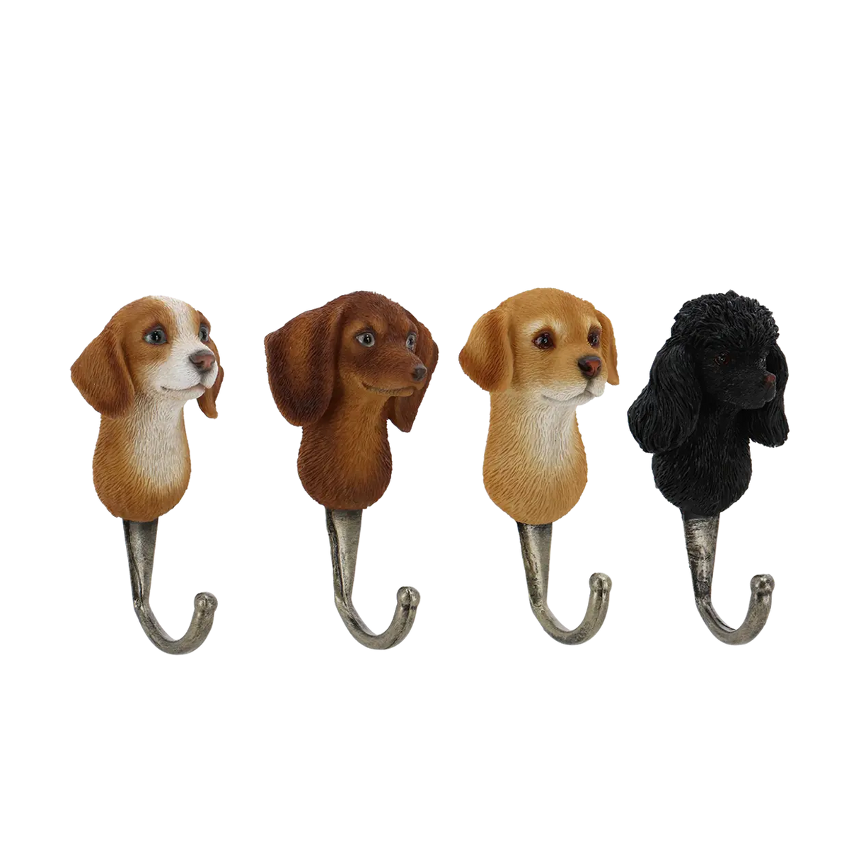 Vier decoratieve hondenwandhaken van Esschert Design met bruin-witte, donkerbruine, lichtbruine en zwarte hondenkopjes en metalen haken.