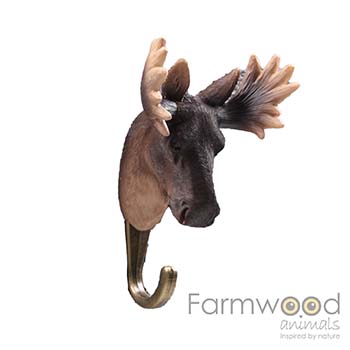 Farmwood Animals Hook'd! kapstokhaak eland met donkerbruine dierenkop, groot breed gewei en gebogen ophanghaak, 9 x 6,5 x 13 cm