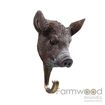 Farmwood Animals Hook'd! kapstokhaak wild zwijn met donkerbruine wildzwijnkop, puntige oren, ronde snuit en gebogen ophanghaak, 6 x 8,5 x 12 cm