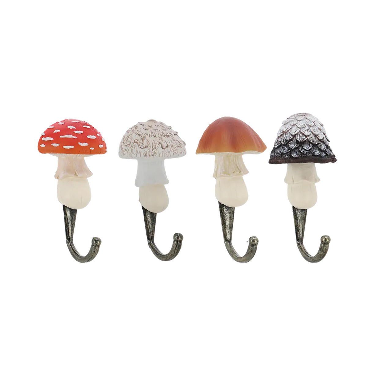 Vier decoratieve paddenstoel wandhaken van Esschert Design met verschillende gekleurde hoedjes en metalen ophanghaken, 11,5 cm hoog.