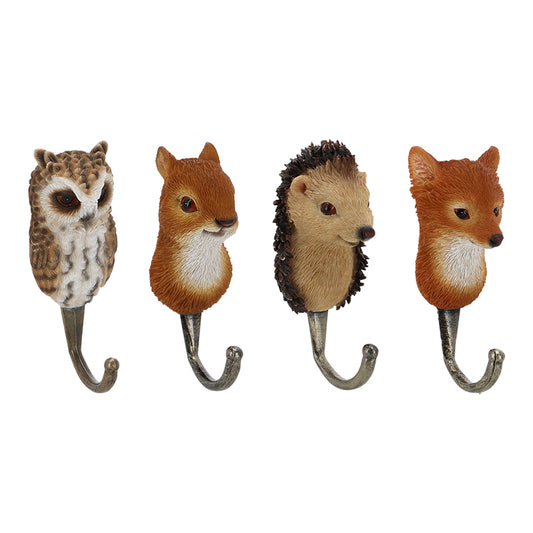 Decoratieve wandhaken bosdieren – uil, eekhoorn, egel en vos – polyresin & metaal – 11,7 cm – Krokomingo