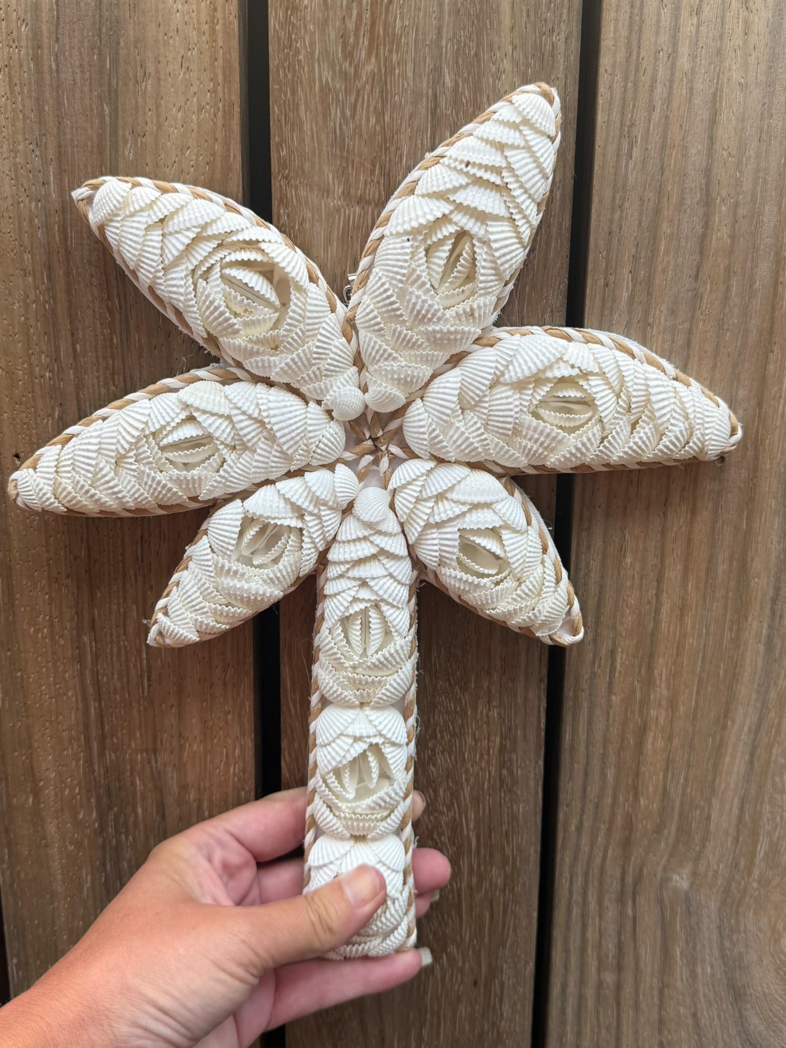 Palmboom wanddecoratie handgemaakt op Bali met natuurlijke witte schelpen 30 x 24 cm