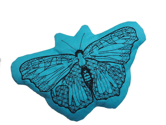 Blauw warmtekussen in de vorm van een vlinder – katoen gevuld met tarwe en lavendel – 28 cm