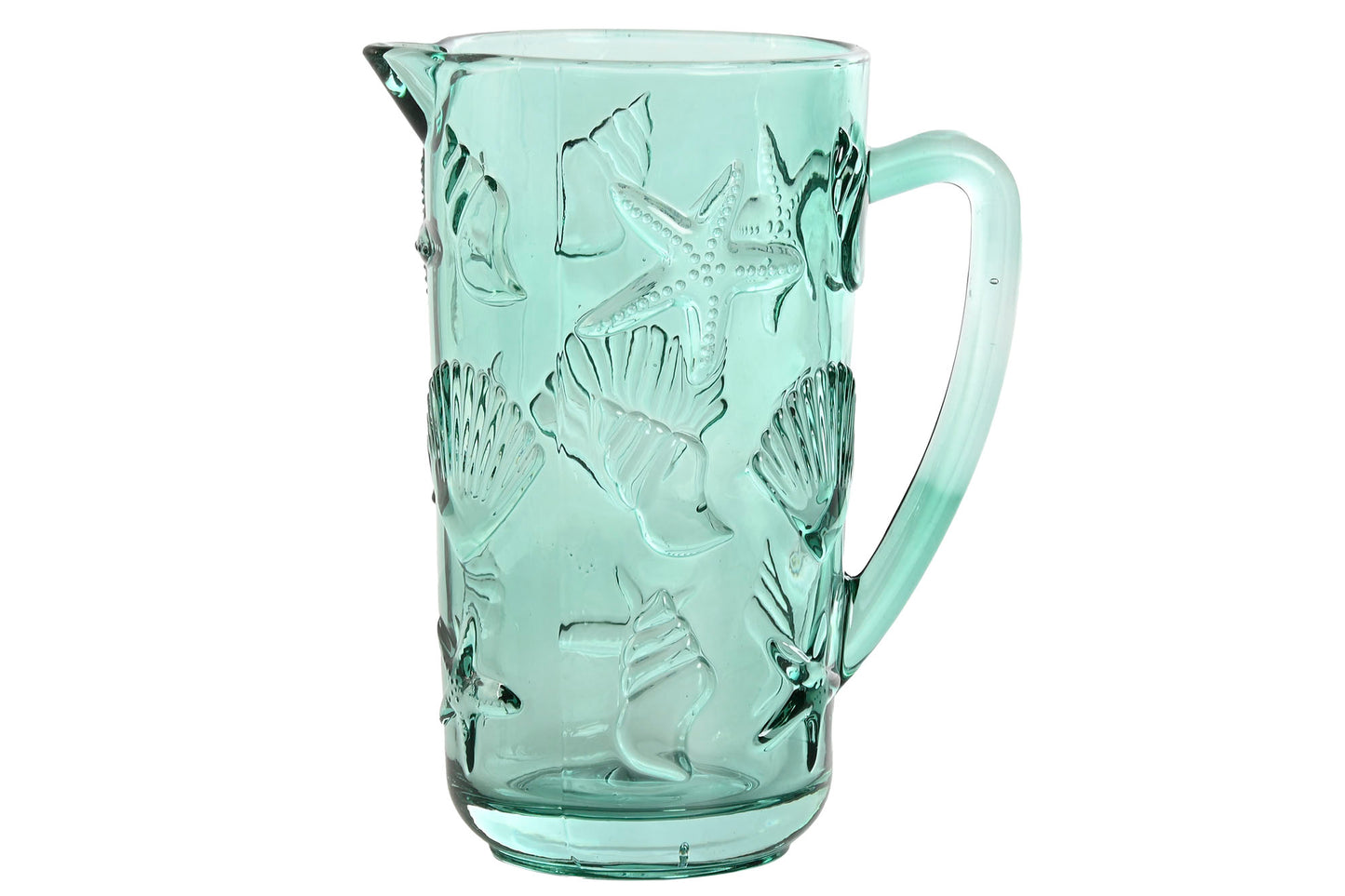 Glazen waterkan van 1,15 liter in turquoise met reliëf van zeesterren en schelpen en een elegante handgreep.