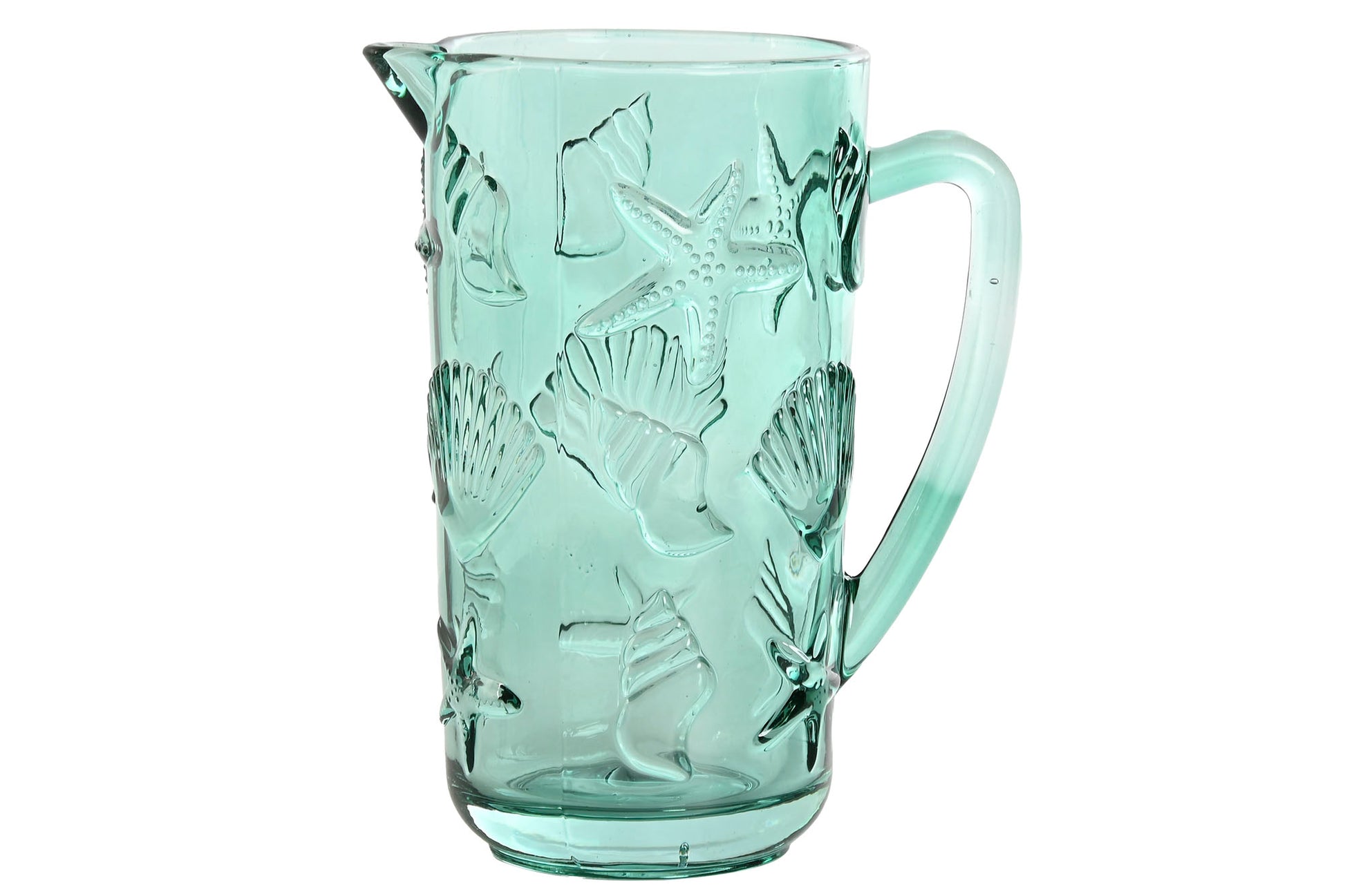 Glazen waterkan van 1,15 liter in turquoise met reliëf van zeesterren en schelpen en een elegante handgreep.