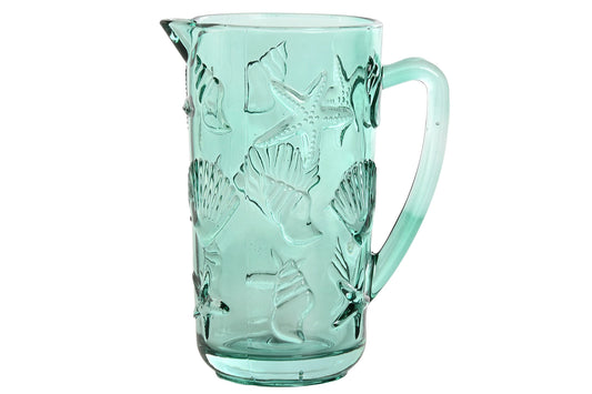 Glazen waterkan van 1,15 liter in turquoise met reliëf van zeesterren en schelpen en een elegante handgreep.
