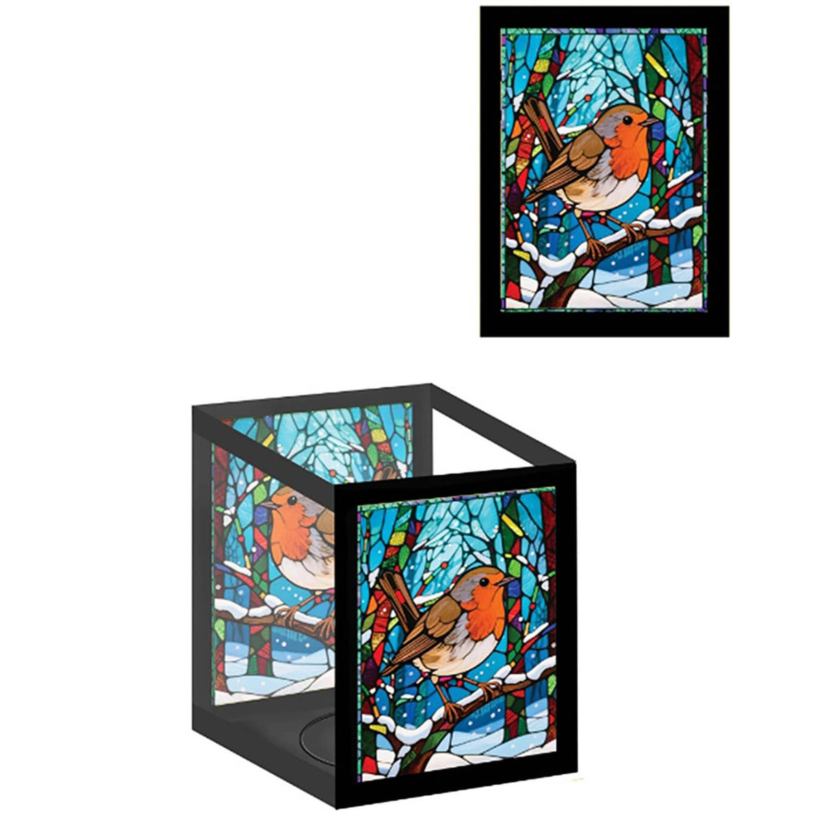 Kerst theelichthouder van metaal en glas met roodborstje op besneeuwde tak in kleurrijke glas-in-loodstijl, zwarte omlijsting, 11 x 8 x 14,5 cm