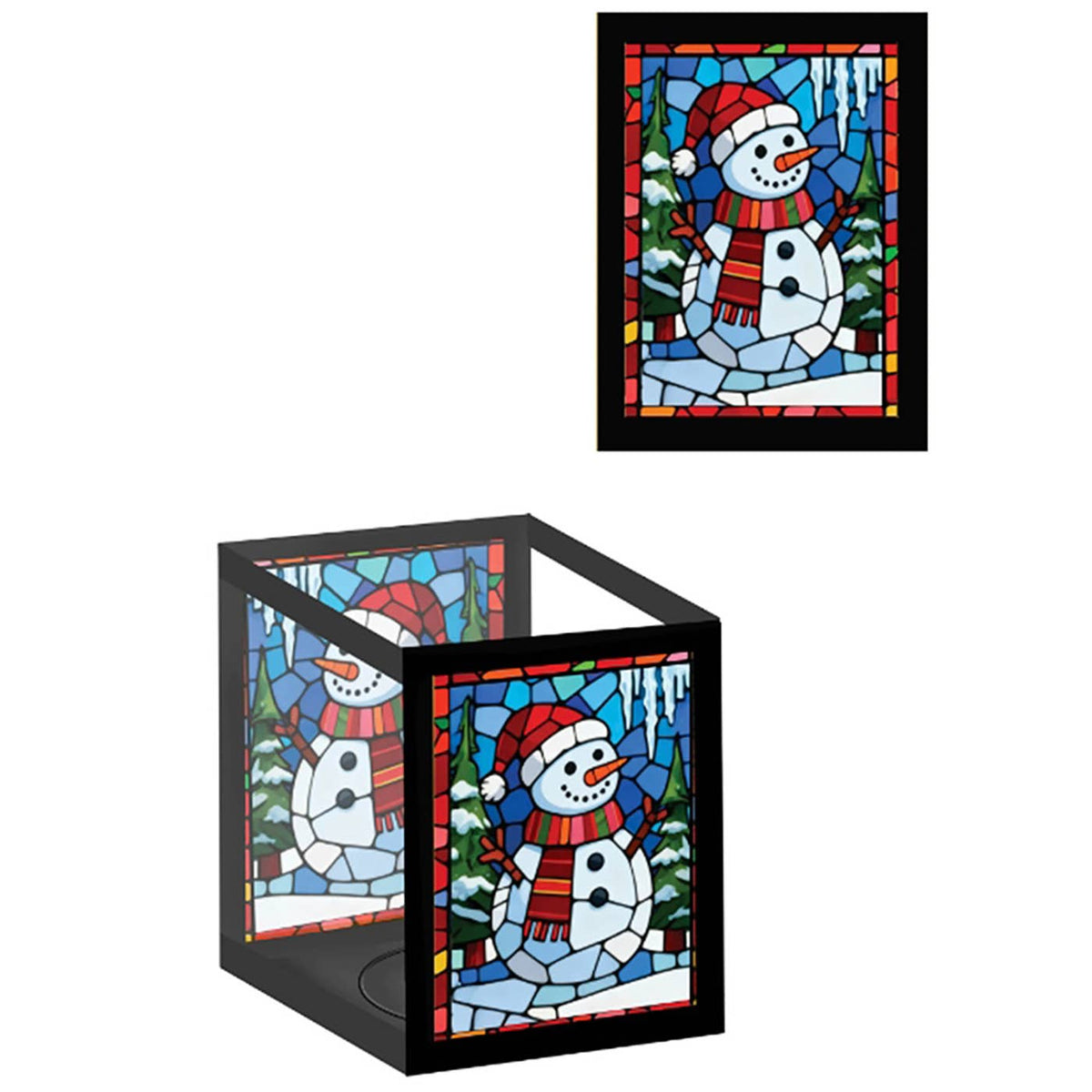 Kerst theelichthouder van metaal en glas met kleurrijke sneeuwpop in glas-in-loodstijl, zwarte omlijsting en winters landschap, 11 x 8 x 14,5 cm