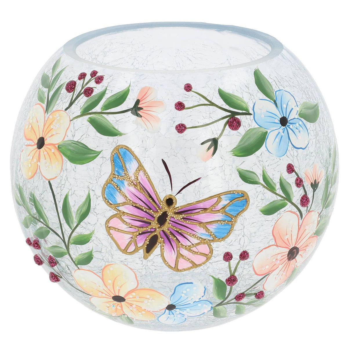 Handbeschilderde vlinder theelichthouder van craquelé glas met bloemen Ø 12,5 x 11 cm