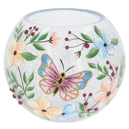 Handbeschilderde vlinder theelichthouder van craquelé glas met bloemen Ø 12,5 x 11 cm