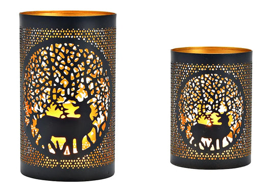 Windlichten rendieren zwart met goud – set van 2 – luxe kerstdecoratie