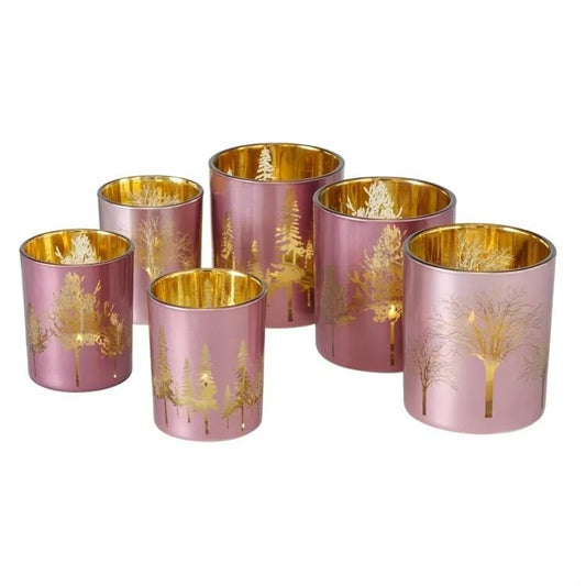 Roze windlicht Skove met gouden dennenbomen – 8 of 10 cm hoog