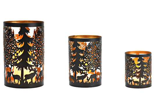 Set van 3 metalen windlichten met wintertafereel – zwart met goud – rendieren en bomen – 13x20, 10x15 en 8x10 cm