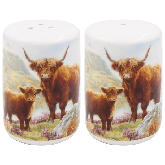 Keramieken zout- en peperstrooiers met aquarelillustratie van Schotse Hooglanders in landschap – set van twee